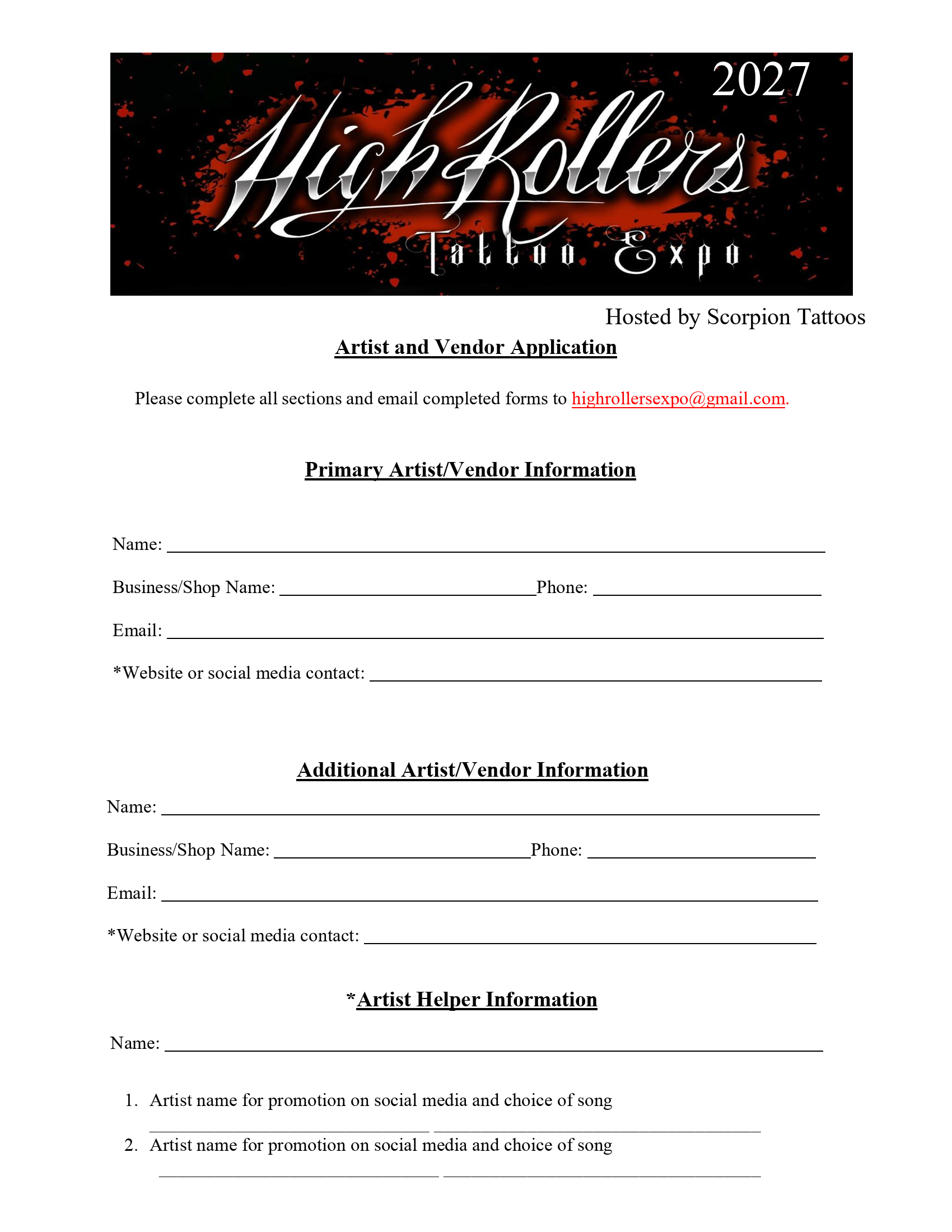HighRollers Tattoo Expo artist and vendor application, page one