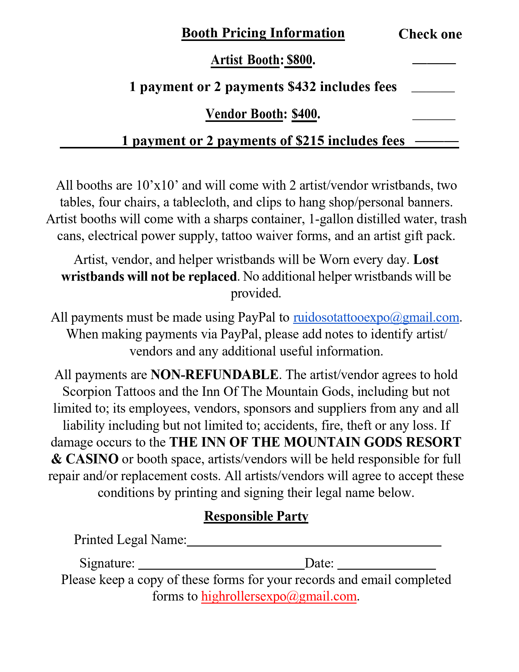 HighRollers Tattoo Expo booth pricing and agreement, page two