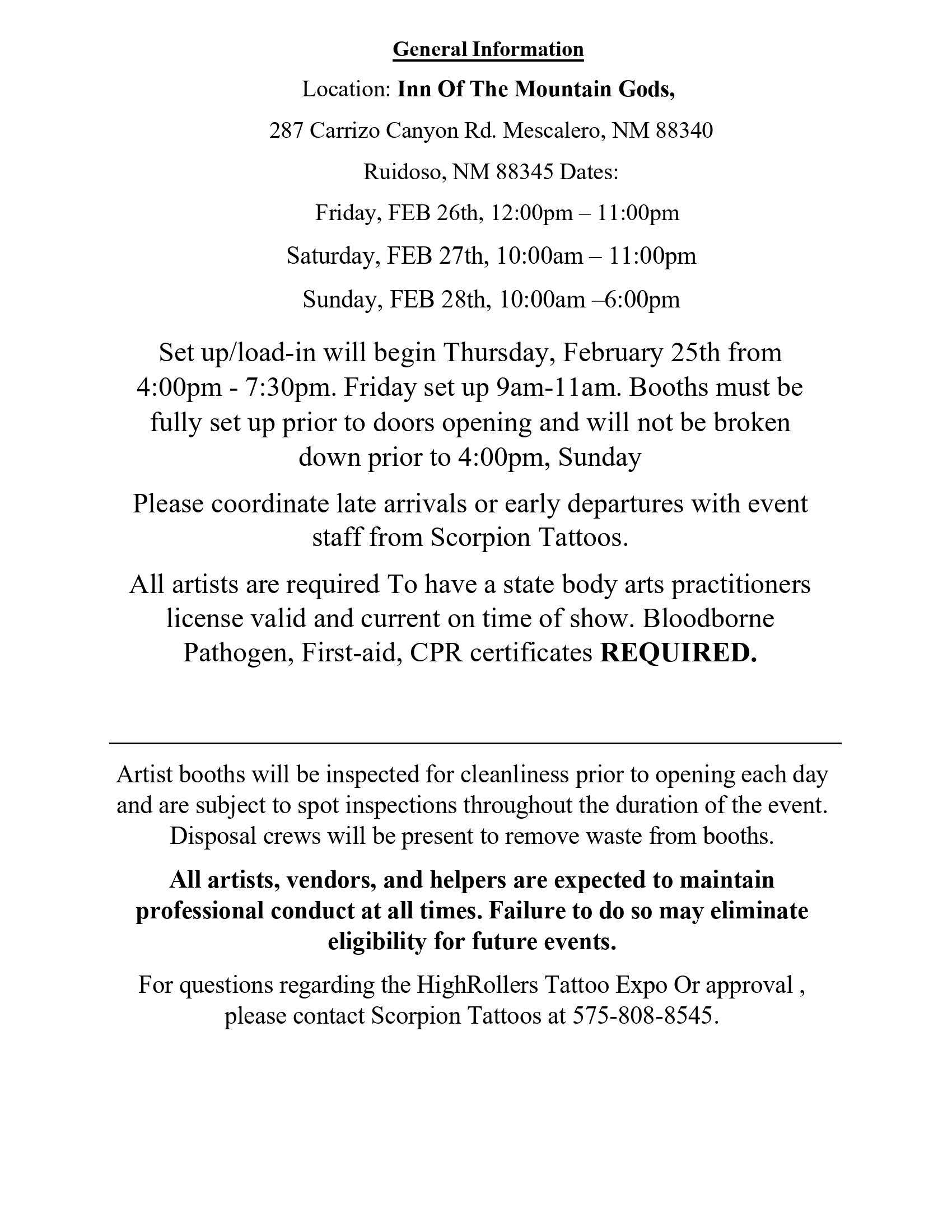HighRollers Tattoo Expo general information and requirements, page three